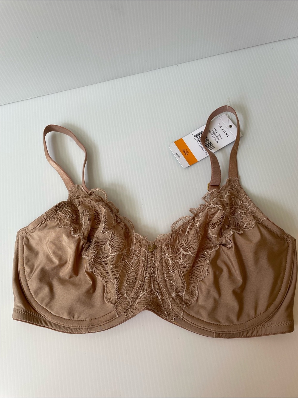Natori Satin Fleur 32DD Full Figure Unlined UW Bra Nude Buff 734115 Retail $70